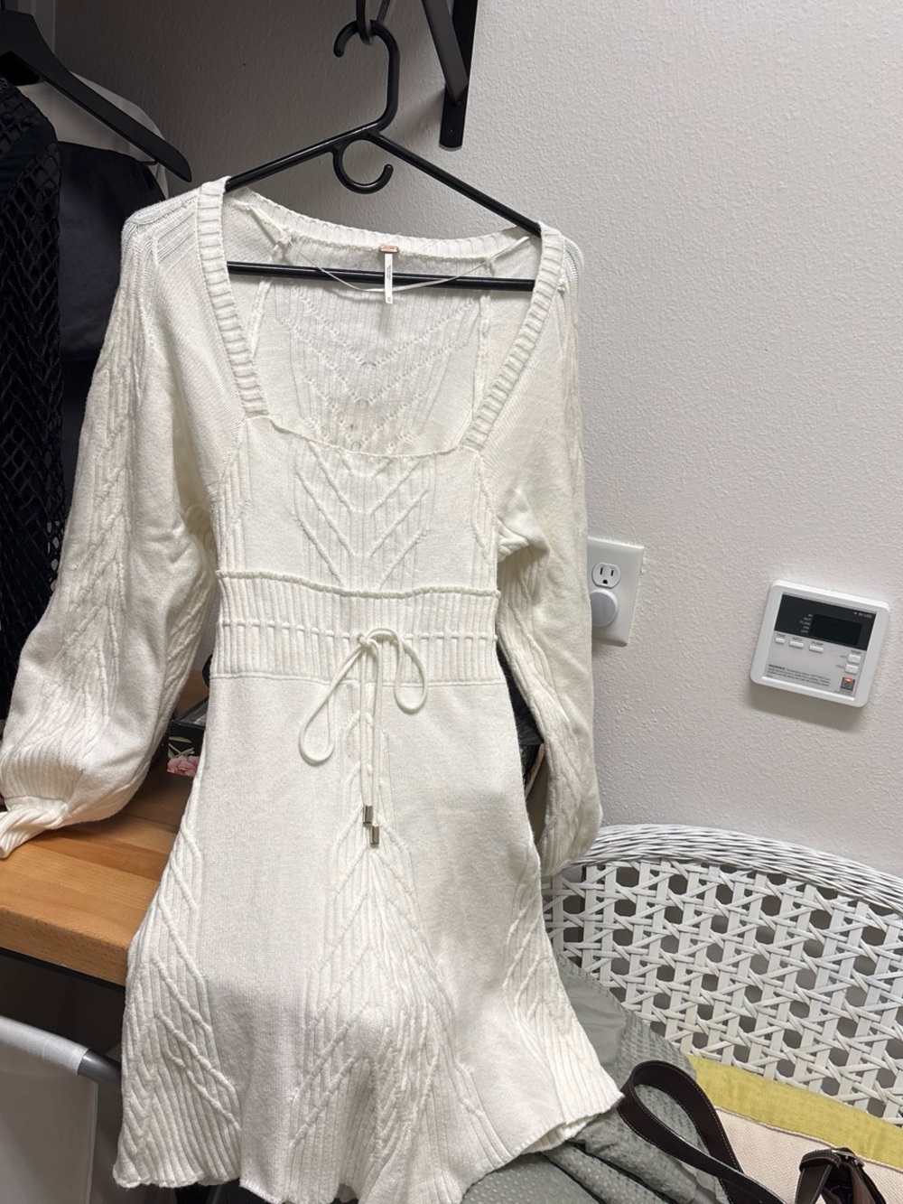 Free People Cream Cable-Knit Tie-Waist Mini Dress